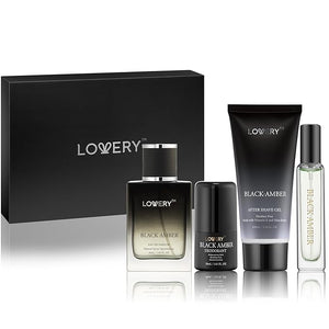 LOVERY Dads Gifts - Black Amber Mens Perfume 4 in 1 Deodorant &amp Cologne Gift Set - 4pc Mens Cologne Set - Parfum Antiperspirant Deodorant Stick Aftershave Gel Masculine Birthday Perfumes for Me