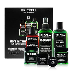 Brickell Men's Daily Elite Face Care Routine II Toner Charcoal Facial Wash Face Scrub Anti-Aging Night Cream Eye Cream Charcoal Mask and Moisturizer Natural and Organic Scented