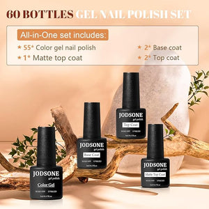 JODSONE 60 PCS Gel Nail Polish Starter Kit 55 Color Combination of Light and Dark Colors Emerald Green Klein Blue Soak off No Wipe Base Coat Matte and Glossy Top Coat Nail Gel Kit