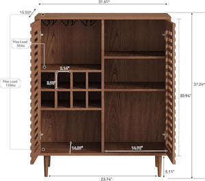 Mid Century Bar Cabinet with Wine Racks, Modern Liquor Cabinet with Slatted Doors for Dining Room, Living Room (Walnut Color)