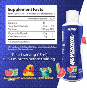 Alpha Supps Glycerol+ Liquid Pump Formula - Stim-Free Liquid Glycerol and Citrulline High-Performance Supplement for Enhanced Muscle Pumps Hydration &amp Endurance (31 Servings Watermelon Candy)