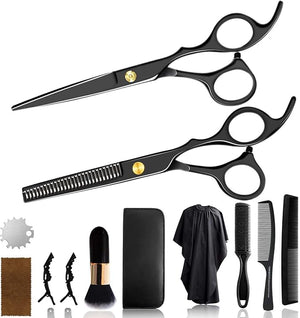 12 PCS Hair Cutting Scissors Hair Cutting Shear Hairdressing Kit for Home, Salon, Barber, Gift, with Thinning Shears, Hair Razor Comb, Clips, Cape Kit, Black
