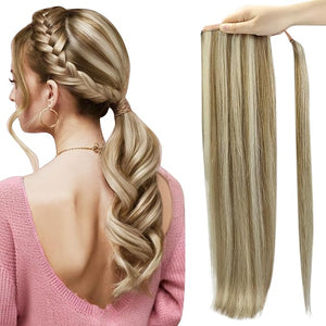 Full Shine Ponytail Clip Brown Highlight Platinum Blonde Ponytail Hair Real Hair Extensions 18 Inch 80g