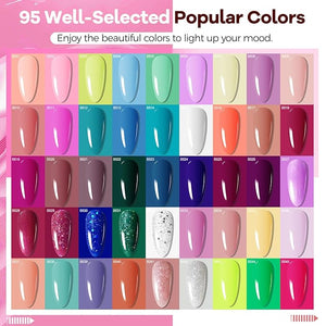 JODSONE 100 PCS Gel Nail Polish Starter Kit with U V Light 95 Colors Macarons Combined with Dark Colors Nail Gel No Wipe Base Coat Top Matte Coat Long Lasting Shine