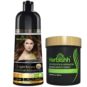 Herbishh Light Brown 3 In 1 Hair Dye Shampoo 16.9 Fl Oz &amp Argan Oil Mask 28.2 Fl Oz Combo - Champu Para Canas Mujer - Hair Dye Shampoo for Men &amp Women - Hair Mask For Moisturizer Dry Damaged