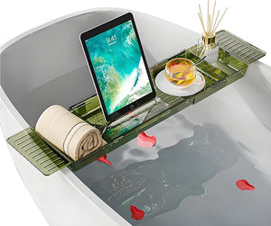 Bathtub Caddy Tray Adjustable Spa Slip-Resistant Bath Organizer Clear Sturdy Acrylic Expandable Tray with Scratchproof Mat Fits Most Tubs for Storage &amp Stylish Relaxation£¨Green