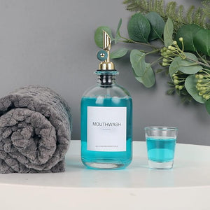 Mouthwash Dispenser for Bathroom 12.7 oz 2 Pack - Glass Mouthwash Bottle with 304 Stainless Steel Spout &amp Minimalist Labels Style Mouthwash Container Gold