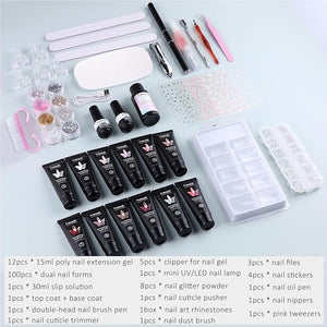 Poly Gel Nail Kit with UV Light, 12 Colors Builder Gel Nail Extension Kits for Beginners with Everything, Dual Nail Forms Slip Solution Chunky Glitter Poly Gels Nails Art Design Starter Set