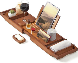 XcE Bathtub Caddy Tray Expandable to 105cm with Bamboo Book Stand and Soap Tray Brown