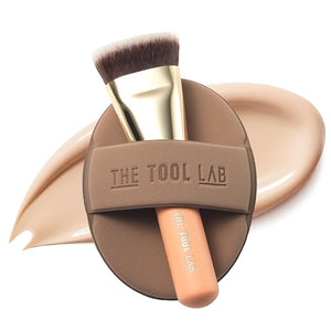 THE TOOL LAB All Day Fitting Duo (Glow type) - Premium Base Makeup Set for Liquid Cream Powder Foundation Buffing Blending Face Brush Sponge Portable Case - 1.1 Flat Top Brush