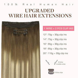 GOO GOO Wire Hair Extensions Human Hair 3/8/613 Walnut Brown with Ash Brown and Bleach Blonde Balayage 20inch 140g Invisible Wire Hair Extensions with Transparent Seamless Fish Line Hairpiece