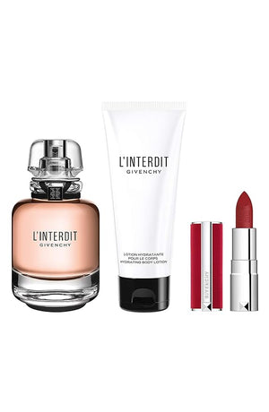 Givenchy L'interdit 3-Pieces Set for Women (2.6 Oz Eau De Parfume Spray + 2.5 Oz Hydrating Body Lotion + 0.5 Oz Lipstick)