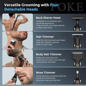 FOKE Back Shaver for Men Ultra-Wide 1.8 T-Shaped Head Travel Case LED 4 in 1 Mens Back Shaver Rechargeable with Long Handle Safety Lock IPX7 Multi-Functional Back Trimmer for Men (Steel Blue)