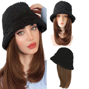 Women Winter Lambs Wool Bucket Cap With Wig - Fisherman's Sun Visor Beanie Hat With Fake Straight Hair