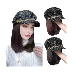 Straight Hair Hat Wig Synthetic Wig Medium Long Hair Black Beret Autumn Winter Hat Chemical Fiber Wig Hair Extensions Hair Accessories(Dark brown)