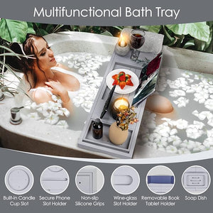Foldable Bathtub Caddy Tray Bamboo Bath Tub Tray Table for Tub with Wine Glass Holder Book Phone Tablet Holder with Extending Sides Adjustable Bathroom Bathtub Free Soap Holder Gift Idea (Grey)
