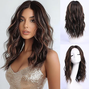 Dark Brown Wig with Highlight Medium Length Wigs for Women Middle Part Synthetic Hair Wigs Mixed Wavy Highlights Natural Hair for Daily Party Halloween Colourful Wig Highlighted£¨16 inch£©