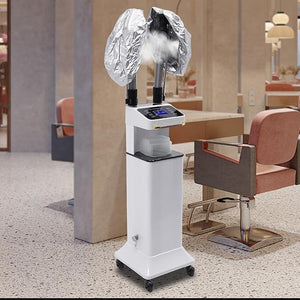 Nano Hair Steamer with 2 Vaporizing Caps Standing Professional Micro Mist Hair Processor with Rolling Wheels 650W 110V Nano Hair Steamer Machine Multifunctional Hair Steamers for Hair Care (White)