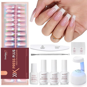 Beetles X Press Plus On Nails Kit - Rose French | Pink Long Square French Tip Press On Nails | 224Pcs 16 Sizes All-in-One Kit With Nail Glue£¬Remover£¬Builder Top Coat£¬Nail Lamp
