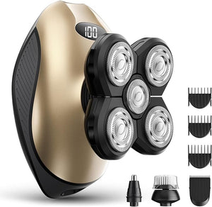 Electric Razor for Men Head &amp Body Hair Shaver for Men Cordless Rechargeable Wet/Dry Bald Head &amp Groin Waterproof Razor with Rotary BladesClippers Beard TrimmerNose Trimmer Brush (Golden