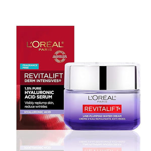 L'Oreal Paris Revitalift Moisturizer Hyaluronic Acid Water Cream with Ceramides Deeply Hydrating Fragrance Free 1.7 oz + Serum Sample