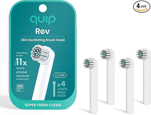 quip Rev 360 Oscillating Electric Toothbrush Heads - 4 Pack - Verified quip Brush Head Refills for Oscillating Toothbrushes - Soft Bristles Dual-Length Compact - Last 3 Months Each - White