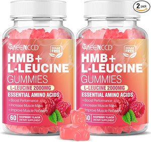 2 Pack HMB and L-Leucine Gummies, 3000mg HMB and Leucine Amino Acid for Muscle Growth, Muscle Mass, Muscle Relief, and Fast Workout Recovery, for Men &amp; Women, Sugar-Free, Raspberry Flavor, 120 Cou