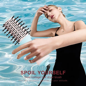 Travel Dual Voltage Hair Dryer Brush 4-in-1 Portable Mini Hot Air Blow Dryer Straightener &amp Curler Brush Titanium Round Blowout Styler Volumizer Tools 110/240V US/EU/UK -Baby Blue &amp Light Pi