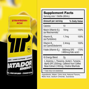 MATADOR Energy Shots Extra Strength Mini Energy Drinks w/B Complex Vitamins (Vitamin B12-B9-B6-B3) Alpha GPC Nootropic IQ Energy Coffee Bean Extract Caffeine Shots 24 Energy Drink Strawberry Acai