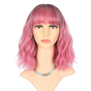 FAELBATY Ombre Red Wig With Bangs Short Wave Bob Synthetic Cosplay Wig for Women Halloween - 12 Ombre Rose Red Color