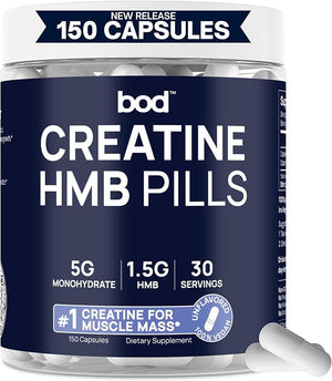 BOD Creatine HMB Capsules Creatine Monohydrate Powder with HMB for Muscle Growth Increased Strength Energy and Performance - No Bloat No Load Unflavored Vegan 150 Capsules 30 SVG