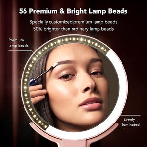 LitBear Travel Makeup Mirror with Lights Rechargeable Double-Sided 10X/1X Magnifying Mirror Portable Lighted Beauty Mirror 3 Color Lighting Dimmable Touch Screen Tabletop Handhold Hanging (Pink)