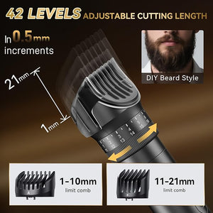 Beard Trimmer for Men - 42 Adjustable Length Settings Hair Clippers, Professional Body Hair Trimmer for Men Precision Facial Hair Trimming IPX6 Waterproof Nose Trimmers LED Display Mustache Trimmers