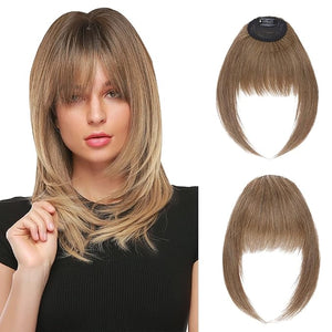 Hairro Clip-In Bangs Human Hair French Bangs Flat Front Fringe Hairpiece For Women 14g #06 Light Brown