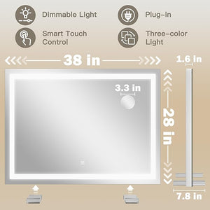 ROLOVE 38"x28" Inch Large Lighted Vanity Mirror, 3-Color Lighting &amp; Dimmable Modes, LED Makeup Mirror for Bathroom/Dressing Room (Wall/Tabletop Mount, White)