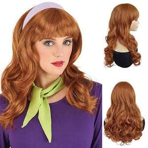 GNIMEGIL 18 Inch Charming Long Wavy Ginger Synthetic Curly Wigs In Orange Wig With Bangs Halloween Daphne Costume Women Cosplay Reba Mcentire Wigs