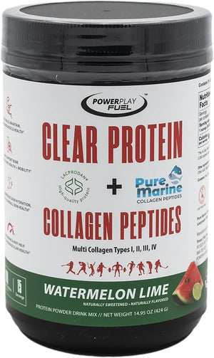 Clear Protein &amp Collagen Peptides Protein Powder Drink Mix - Naturally Sweetened &amp Flavored Gluten Free Lactose Free - Protein + Marine Collagen - 15 Servings (Watermelon Lime)