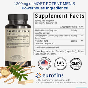 Tongkat Ali Fadogia Agrestis - 1200mg Enhanced with Nitric Oxide Booster Supplement Longjack Tongkat Ali for Men *USA Made and Tested* 60 Capsules