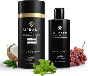 Merakk Coconut Oil Pulling Whitening Mouthwash for Teeth &amp Gums | Doctor Formulated | Natural Ayurvedic Oil Clove &amp Grape Seed Oil - Oral Rinse - 6.8oz