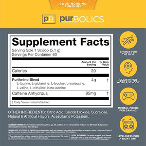 Purbolics Aminos + Energy | Supports Recovery, Energy &amp; Focus | 95mg of Caffeine, 0 Sugar &amp; 60 Servings (Good Morning Sunshine)