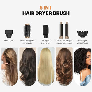 Hair Dryer Brush 6 in 1, Foldable Blow Dryer Brush with Wrap Curler, Detachable Air Hair Styler Curling, Drying,Volumizing, Straightening, Negative Ionic Hair Dryer with Diffuser, Hair Styling Tools
