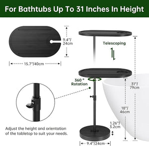 NiHome Bamboo Swivel Sofa Armrest Tray Table for Couch with Thickened Stable Base, Adjustable Height TV Tray Side Table with 360¡Æ Rotating for Bath Tub Hot Tub Bedside Balcony, Black