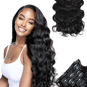 SIYUSI Body Wave Clip In Extensions Luxurious Thickness Premium Brazilian Remy Hair Clip Ins Invisible &amp Scalp-Friendly Natural Black Color 4.23oz 7Pcs (28 Inch)