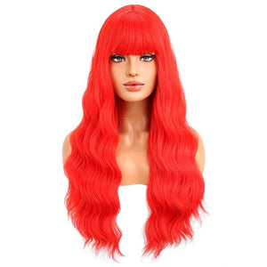BERON Red Long Curly Wave Wig with Bangs for Women Girls Red Wavy Heat Resistant Synthetic Wig Cosplay Costume Party Daily Wigs