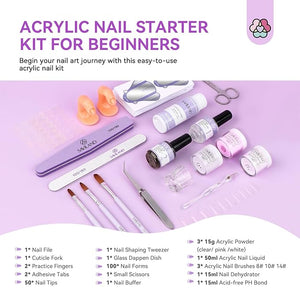 SAVILAND Essentials Acrylic Nail Kit for Beginners: White Pink Clear Acrylic Powder and Liquid Set with Nail Dehydrator Primer Brushes Forms Tips Tools Nails Kit Acrylic Set with Everything Home DIY