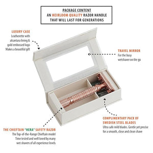 VIKINGS BLADE Double Edge Safety Razor + 5 Swedish Steel Blades + Luxury Case. Smooth Reusable Recyclable (Chieftain Hera)