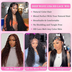 28 Inch 13x6 Deep Wave Lace Front Wigs Human Hair HD Lace Frontal Wigs Human Hair Natural Color 180% Density Pre Plucked Glueless Wig 100% Virgin Lace Front Wig for Women