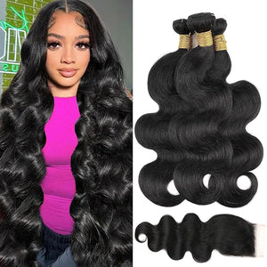Brazilian Body Wave Human Hair Bundles with Closure Human Hair Bundles with Closure 22 24 26+20inch 100% Unprocessed Virgin Body Wave 3 Weaves with 4x4 Lace Closure Natural Black