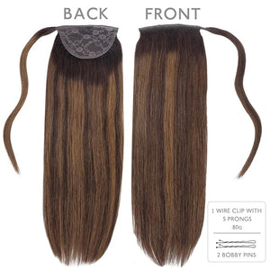 WENNALIFE Ponytail Hair Extension 22 Inch 80g Dark Brown Mixed Chestnut Brown Ponytail Extension Human Hair Clip in Wrap Around Remy Human Hair Extension Hairpieces
