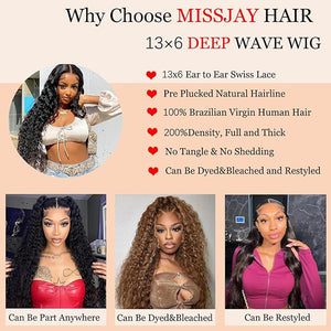 MISSJAY 32 Inch 13x6 Deep Wave Lace Front Wig Human Hair 200% Density Lace Front Wig with Baby Hair Pre Plucked Deep Curly Wig 100% Unprocessed Brazilian Virgin Hair Natural Color for Black Women